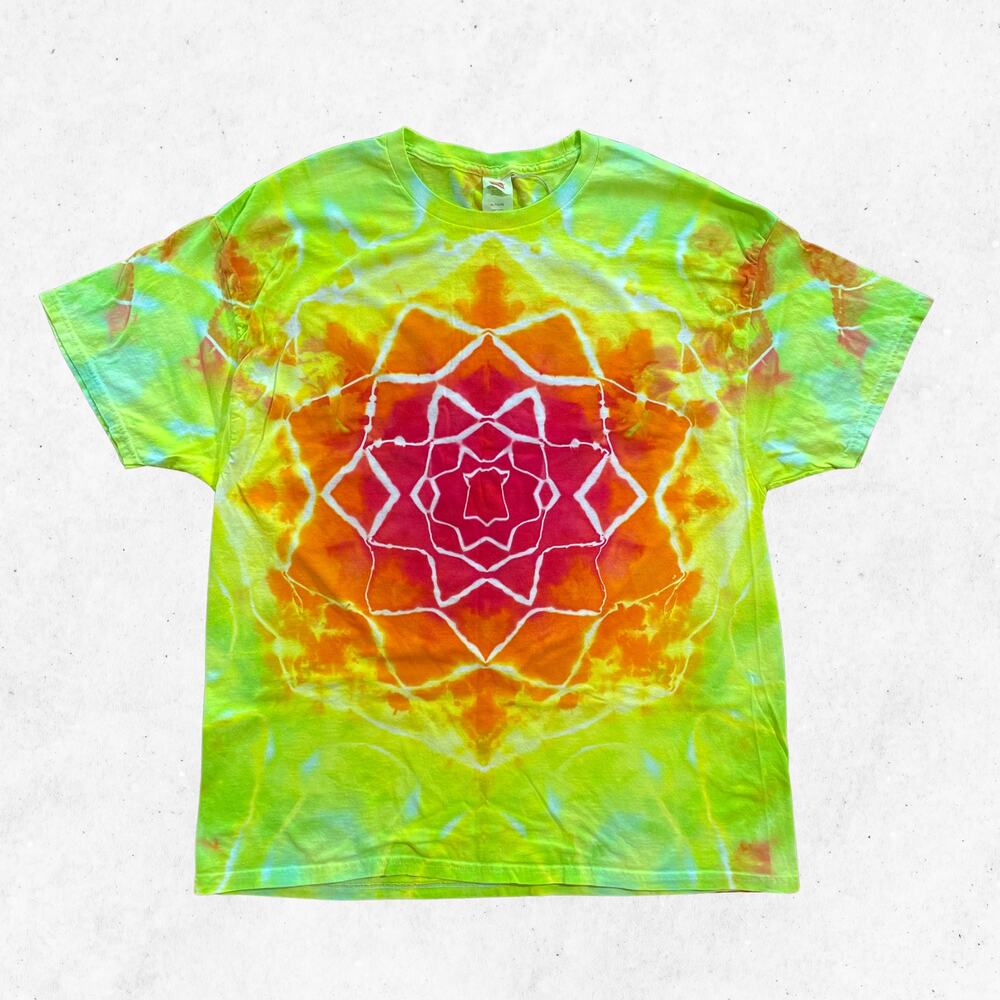 Tie Dyed Unisex T-shirt - Ice Dye Mandala - Vibrant Blue Green Red (Size XLarge)